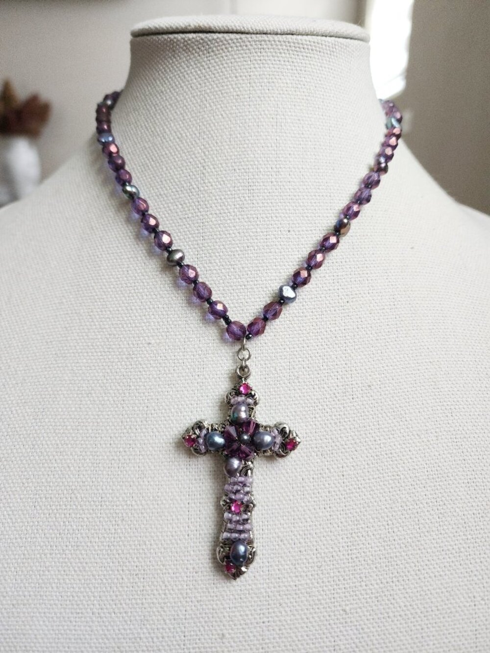 Vintage Miriam Haskell Cross Pendant Beaded Necklace Purple 16”-19"